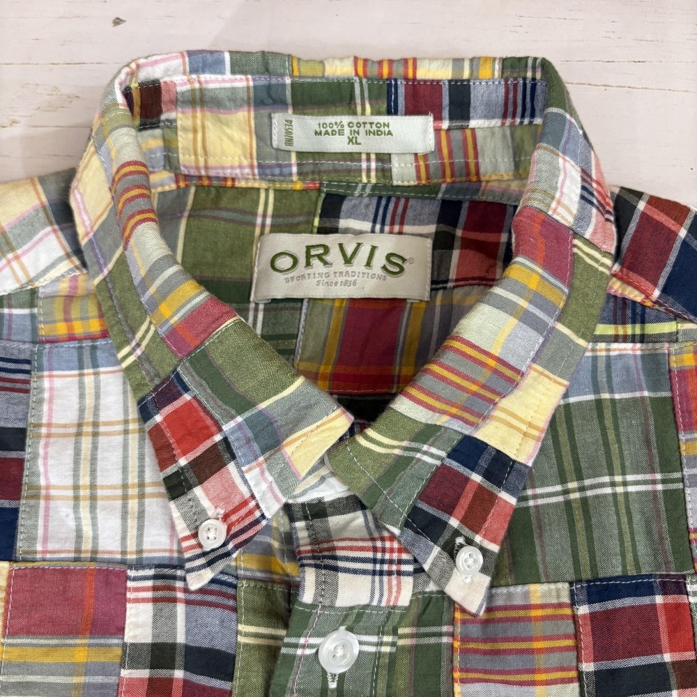 Orvis Madras Patchwork Shirt Mens XL Multicolor Plaid Short Sleeve Cotton - Picture 3 of 7
